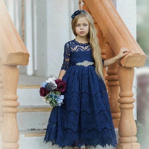 Lace Flower Girl Dress Navy Blue,Long Sleeve Flower Girl Dresses,Boho Flower girl dress,Rustic Lace Flower Girl Dress orders Burgundy 179