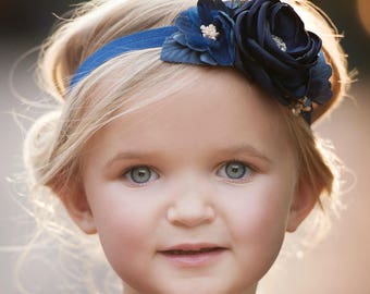 Navy Blue Flower Girl Headband, Baby Floral Hair Accessory