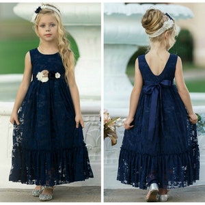 Navy Blue Lace Flower Girl Dress, Bohemian Flower Girl Dresses,  Rustic flower girl dress,Bohemian Flower girl dress,Flower girl dresses 185