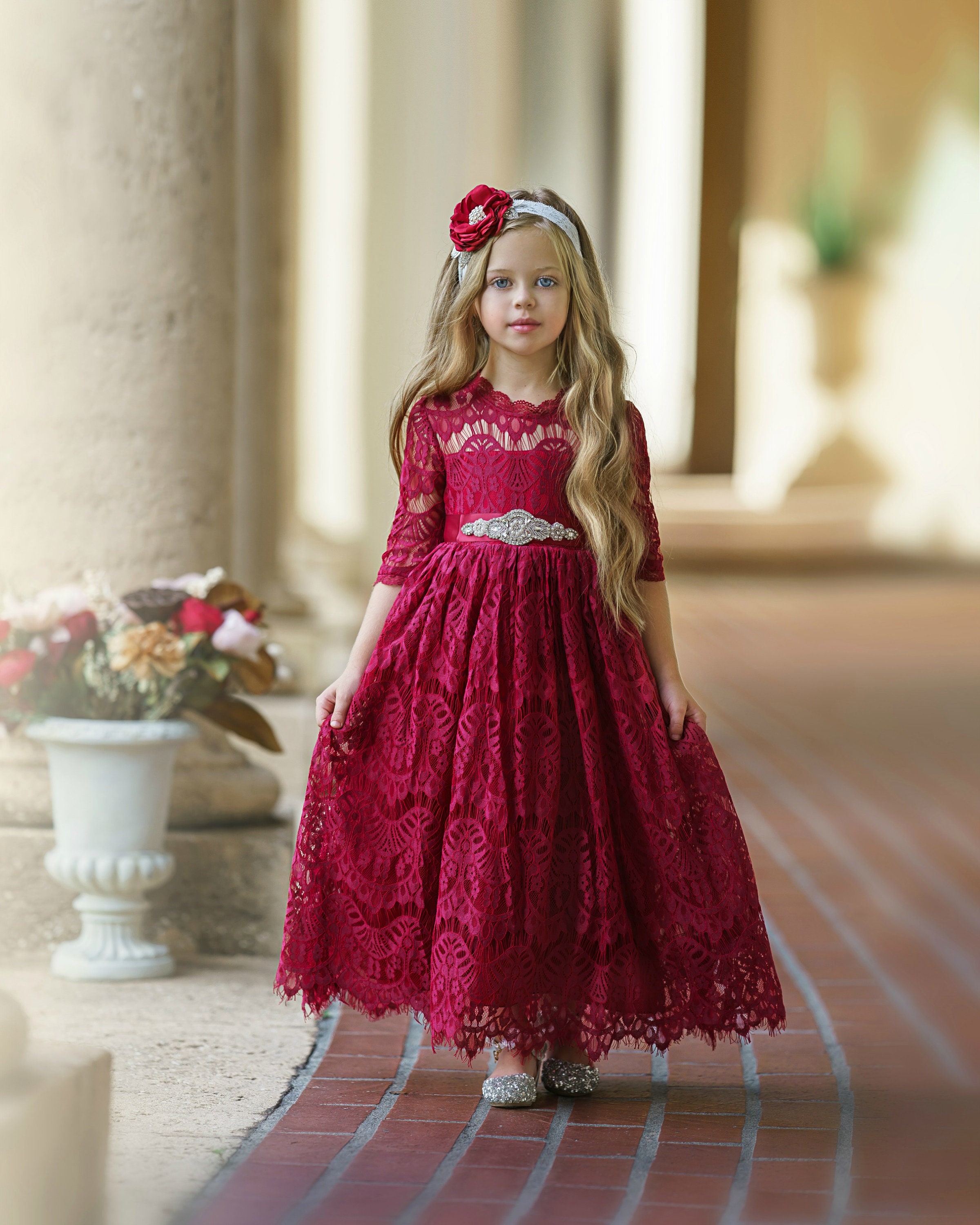 SALE Lace Flower Girl Dress Burgundy Lace Flower Girl Dress | Etsy