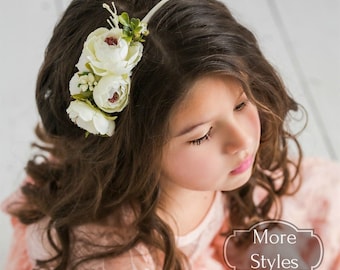 Floral Baby Headband, White Flower Crown, Stretchy Nylon Headband