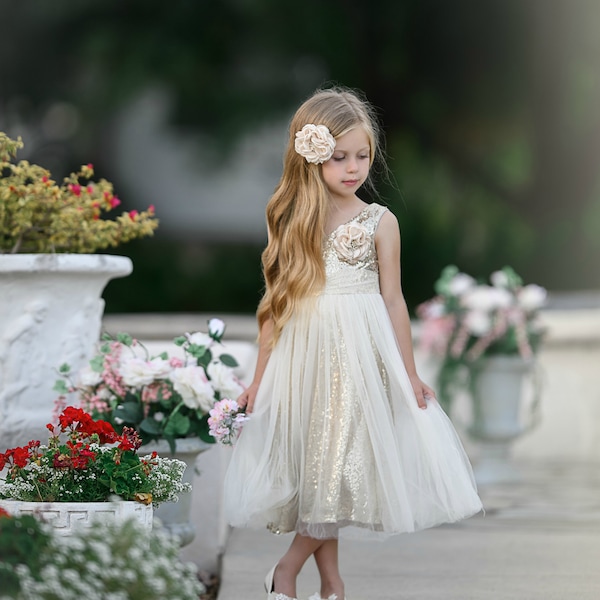 Vestido de niña de flores, vestido de niña de flores de oro marfil, vestido de niña de flores, vestido de niña de flores rústica, vestido de niña de flores de marfil, niña de flores de campo 05