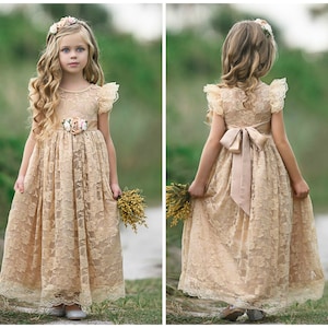 Lace flower girl dress,flower girl dresses, Lace baby dress,rustic girl dress,country flower girl, champagne dress, junior bridesmaids 167