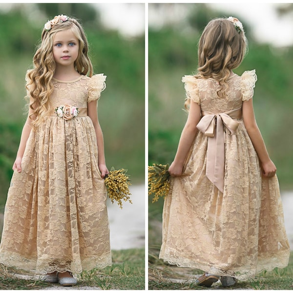 Lace flower girl dress,flower girl dresses, Lace baby dress,rustic girl dress,country flower girl, champagne dress, junior bridesmaids 167