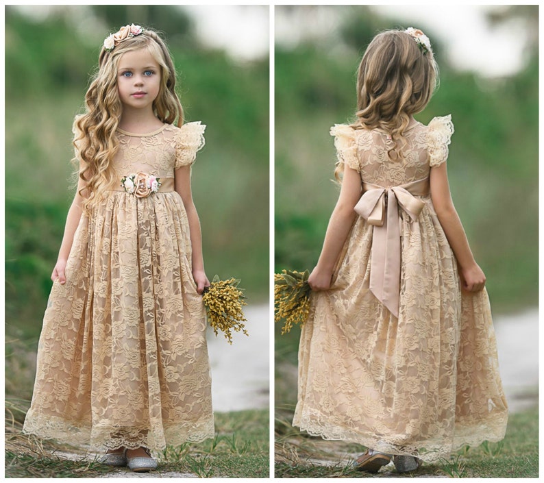 Lace flower girl dress,flower girl dresses, Lace baby dress,rustic girl dress,country flower girl, champagne dress, junior bridesmaids 167 