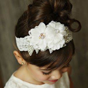 White baby headband, Christening headband, bridal headband, Baptism headband, flower girl headband, crystal headband, rhinestone headband.