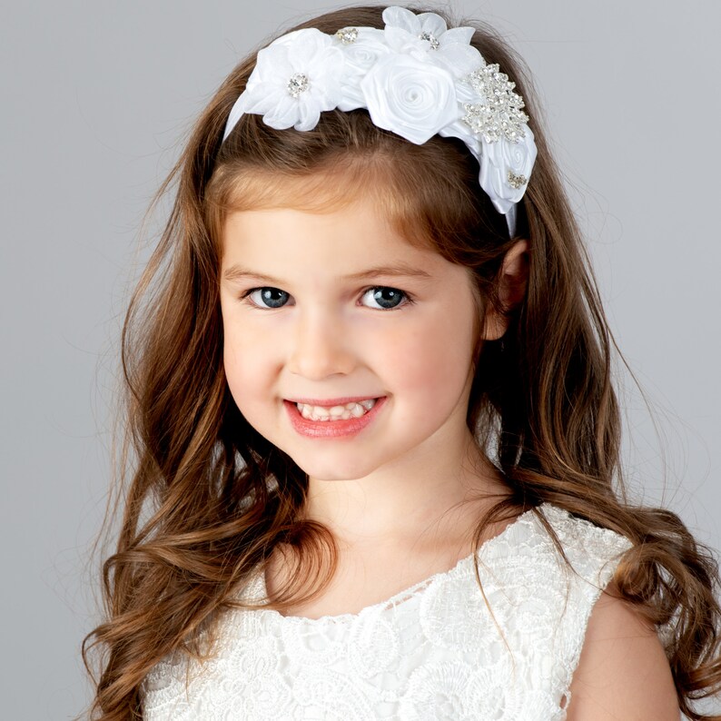 White Headband Flower Girl Headband Christening Headband Etsy