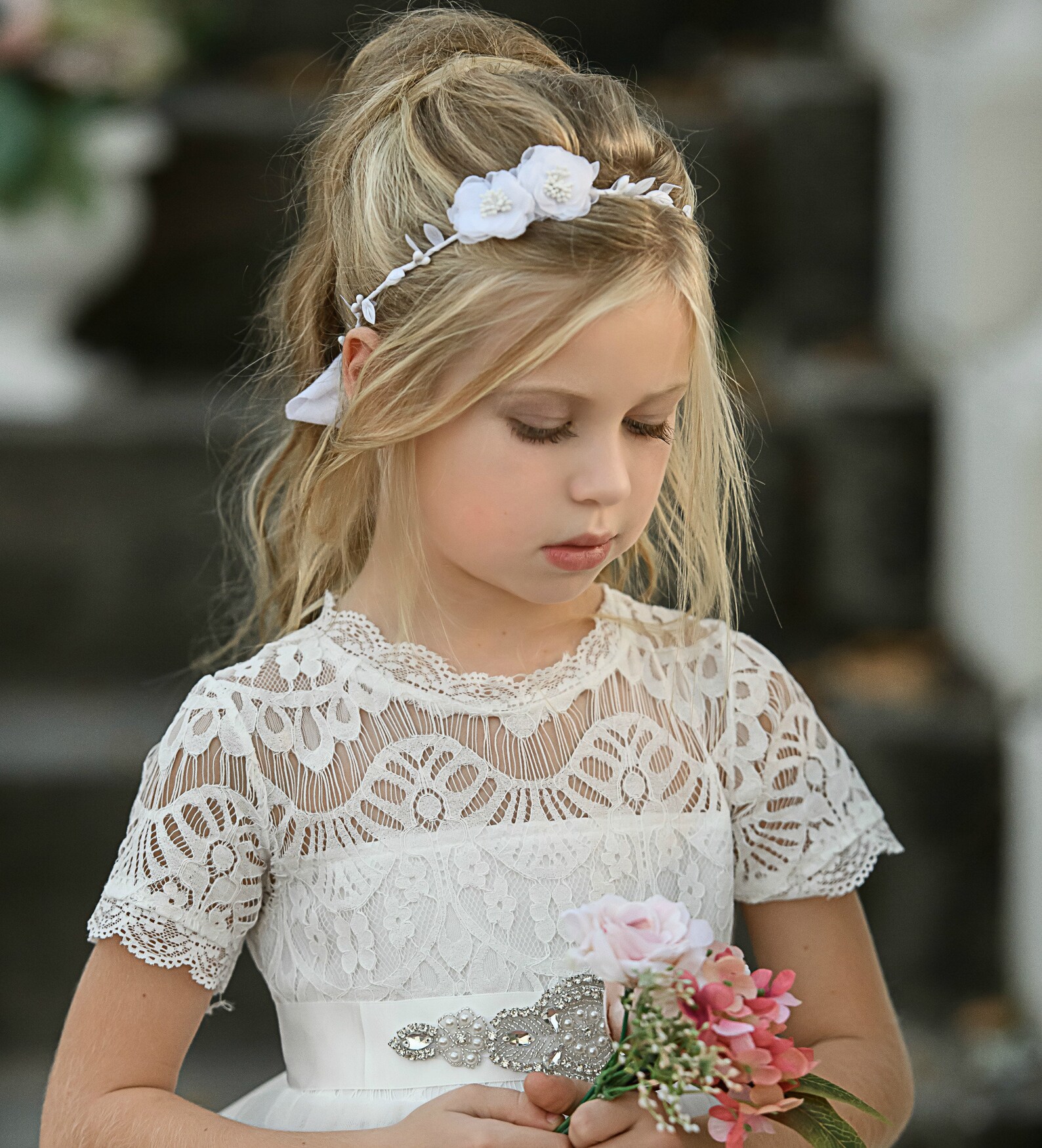 White Lace Flower Girl Dress, Tulle Rustic Flower Girl Dress, Communion