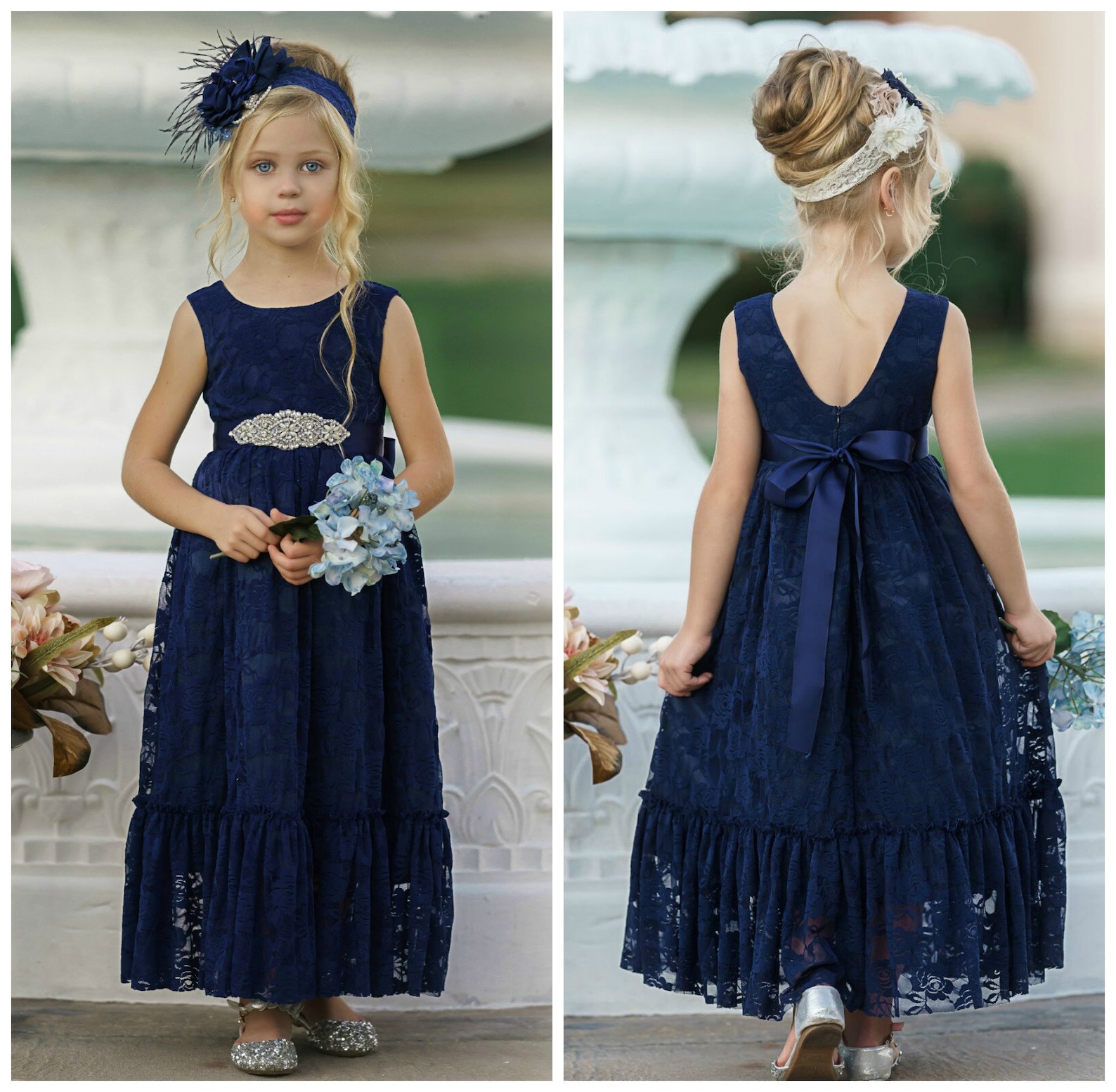 Navy Blue Lace Flower Girl Dress Bohemian Flower Girl - Etsy UK