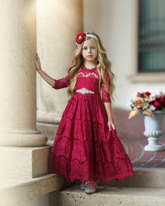 Lace Flower Girl Dress, Burgundy Lace Flower Girl Dress, Bohemian Flower  Girl Dresses, Country Flower Girl, Girl Christmas Dress 177 