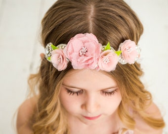 Diadema para niña, diadema para niña de las flores, diadema de flores rosa ruborizada, diademas para bebé, lazos para el cabello de bebé, corona de flores blancas, lazos para bebé niño pequeño