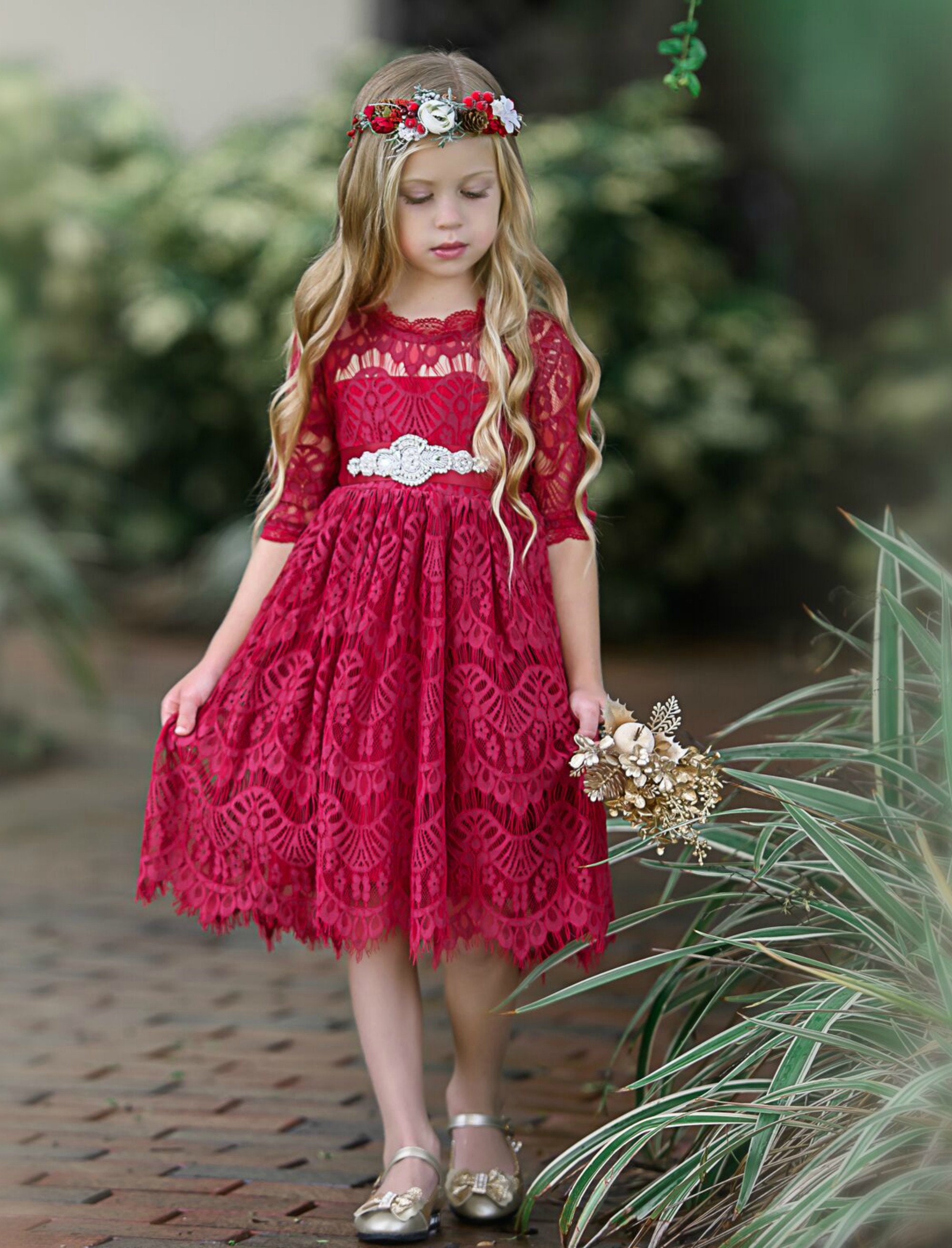 SALE Lace Flower girl dress Burgundy Lace flower girl dress | Etsy