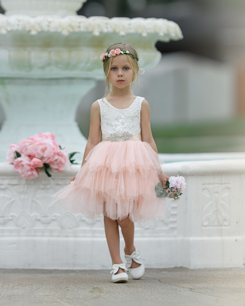 Blush Pink Tulle Flower Girl Dress White Lace Flower Girl Etsy