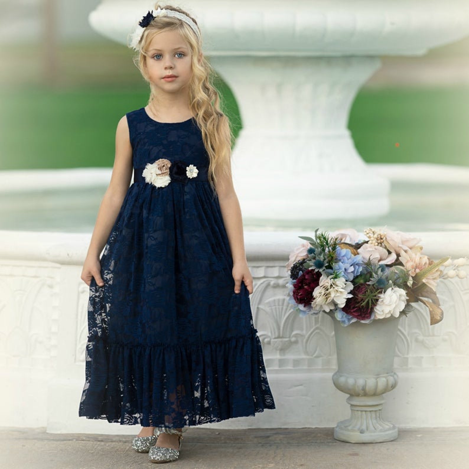 Navy Blue Lace Flower Girl Dress Bohemian Flower Girl - Etsy UK