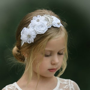 White Headband, Flower girl headband, Christening Headband, First Comunion Headband, Baby Headbands, White Baby Bows, White Flower Headband