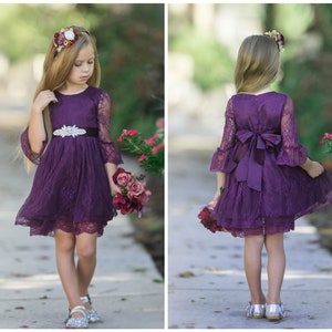 Flower Girl Lace Dress,Plum eggplant lace flower girl dress,Purple flower girl dress,bohemian flower girl,rustic flower girl, baby dress 113