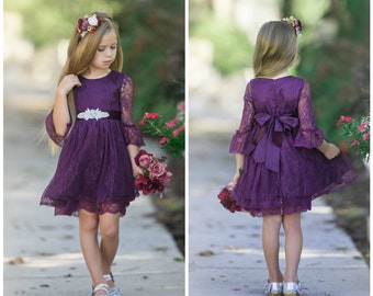 Flower Girl Lace Dress,Plum eggplant lace flower girl dress,Purple flower girl dress,bohemian flower girl,rustic flower girl, baby dress 113