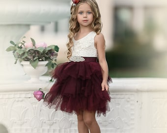 Tulle Flower Girl Dress, Girls Christmas Dress, Lace Baby Toddler Dresses, Boho Flower Girl Dress, Rustic Flower Girl Dress, Eggplant   121