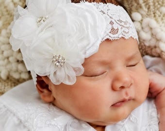 White Flower Christening Headband, Lace Baby Hair Bow