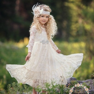 Ivory Lace Flower Girl Dress,Ivory Bohemian Flower Girl Dresses,Country Rustic flower girl dress,First Communion Dress,Long Sleeve Dress 79