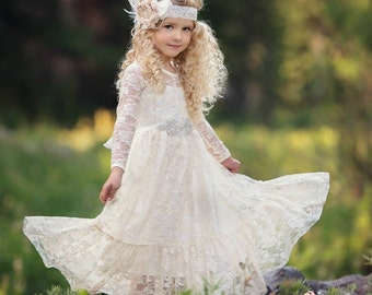 Ivory Lace Flower Girl Dress,Ivory Bohemian Flower Girl Dresses,Country Rustic flower girl dress,First Communion Dress,Long Sleeve Dress 79