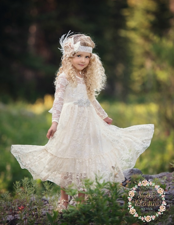 Ivory Lace Flower Girl Dress,Ivory Bohemian Flower Girl Dresses,Country  Rustic flower girl dress,First Communion Dress,Long Sleeve Dress 79