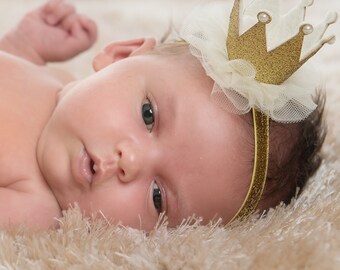 Gold baby crown headband- crown headband baby headband- Gold princess  crown- infant crown headband newborn crown glitter crown