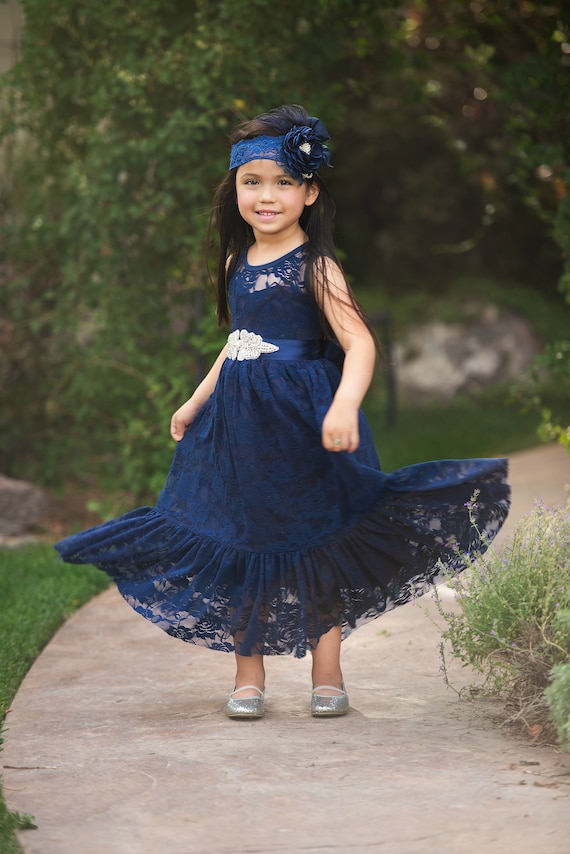VENTA Vestido de niña de flor azul marino vestidos de niña de Etsy México