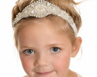 Rhinestone Pearl Baby Headband, Flower Girl, Christening