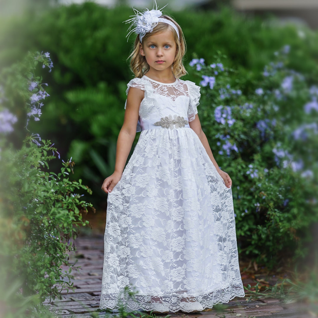 Beach flower girl dress, junior bridesmaid dress, rustic flower girl, bohemian flower girl dres,flower girl dress, White lace dress 26