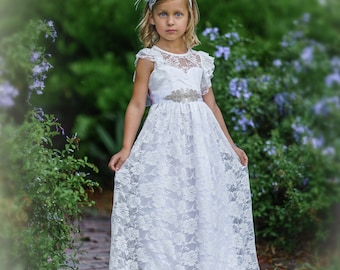 Beach flower girl dress, junior bridesmaid dress, rustic flower girl, bohemian flower girl dres,flower girl dress, White lace dress 26