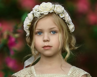 Corona de flores de marfil, tiara de flores, corona floral, halo de flores, corona de flores bohemia, corona de novia, corona de niña de las flores, corona floral para el cabello
