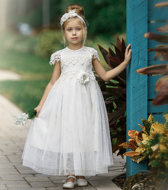 WHITE Communion Flower Girl Dress With Decorative Lace IRELAND