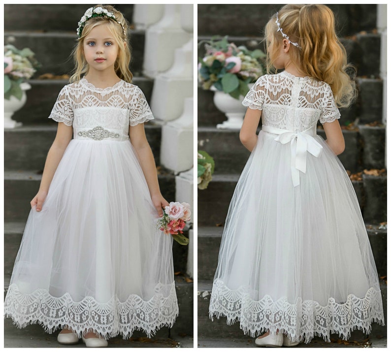 White Lace Flower girl dress, Tulle Rustic flower girl dress, Communion dress, Flower girl dresses, Baptism dress, baby girl lace dress 187 
