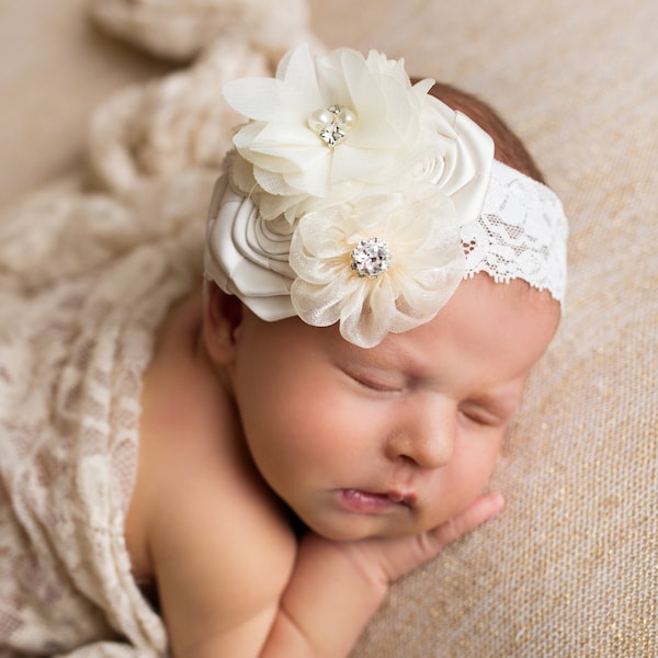 Ivory Baptism Headband, Christening Headband, Baptismal Hair Bow, Baby Headband,Newborn Headband, Ivory Infant Headband, Baby Headbands,