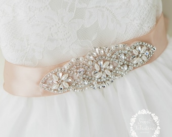 Pearl Crystal Rhinestone Bridal Sash, Champagne Satin Ribbon