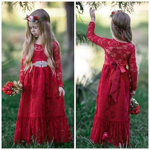 Red lace flower girl dress, Long Sleeve Flower Girl Dresses,  Toddler Christmas dress, Rustic flower girl dress, Boho Flower girl dresses 74