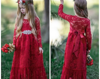 Red lace flower girl dress, Long Sleeve Flower Girl Dresses,  Toddler Christmas dress, Rustic flower girl dress, Boho Flower girl dresses 74