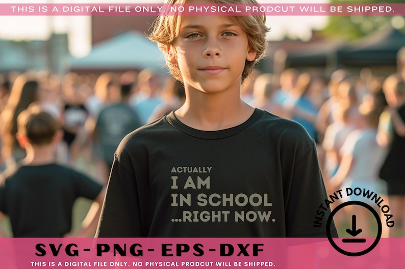 May include: A boy wearing a black t-shirt with the text "Actually I am in school...right now." printed on it. The boy is standing in front of a blurred background of people.