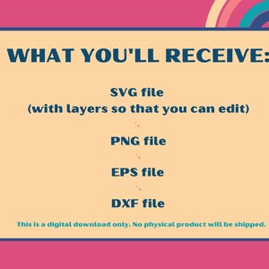 May include: A digital download listing for a set of four files: SVG, PNG, EPS, and DXF. The text on the image says "WHAT YOU'LL RECEIVE: SVG file (with layers so that you can edit) PNG file EPS file DXF file This is a digital download only. No physical product will be shipped."