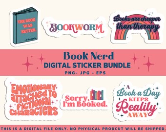 Book Nerd Printable Stickers Bundle |  Funny Book Stickers | Print and Cut Stickers | Book Lover Stickers PNG |  Print and Cut Stickers