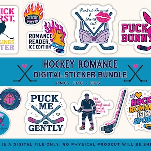 Może przedstawiać: Cyfrowy pakiet naklejek o tematyce hokejowego romansu. Naklejki przedstawiają kije hokejowe, hokeistę i frazy takie jak "Puck Bunny" i "Hockey Romance is my Sport". Naklejki są w różnych kolorach, w tym różowym, niebieskim i żółtym.