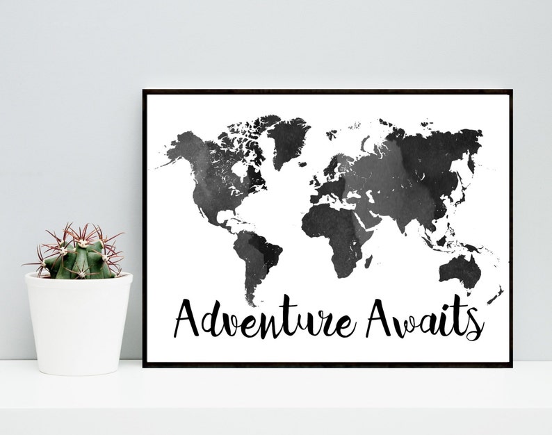 adventure awaits black world map printable art watercolor etsy