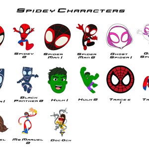 May include: A colorful illustration featuring various Spider-Man characters, including Spidey, Spider-Man, Ghost Spider, Black Panther, Hulk, Ms. Marvel, and Doc Ock. The characters are depicted in a cartoon style with bright colors and bold outlines.