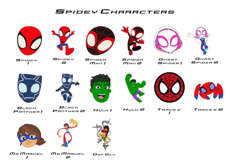 May include: A colorful illustration featuring various Spider-Man characters, including Spidey, Spider-Man, Ghost Spider, Black Panther, Hulk, Ms. Marvel, and Doc Ock. The characters are depicted in a cartoon style with bright colors and bold outlines.