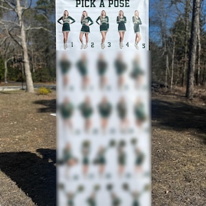 May include: A vertical banner with the text PICK A POSE at the top, featuring five clear photographs of a person in a dark green cheerleading uniform numbered one through five, followed by a large blurred section of additional pose options.