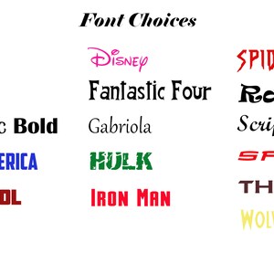 May include: A graphic showing different font choices for superhero names, including "Avenger", "Bluey", "Britannic Bold", "Captain America", "Dead Pool", "Disney", "Fantastic Four", "Gabriola", "Hulk", "Iron Man", "Spiderman", "Ravie", "Script Bold", "Spidey", "Thor", and "Wolverine".