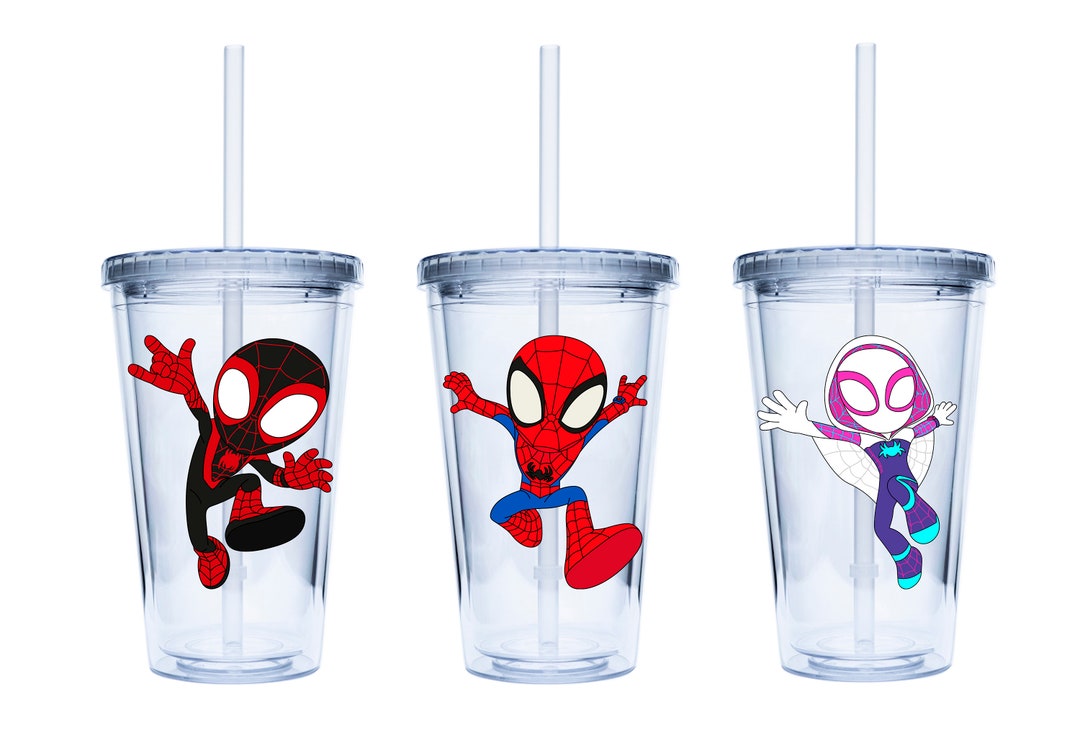 Gobelet avec paille Spiderman enfant verre en plastique reutilisable