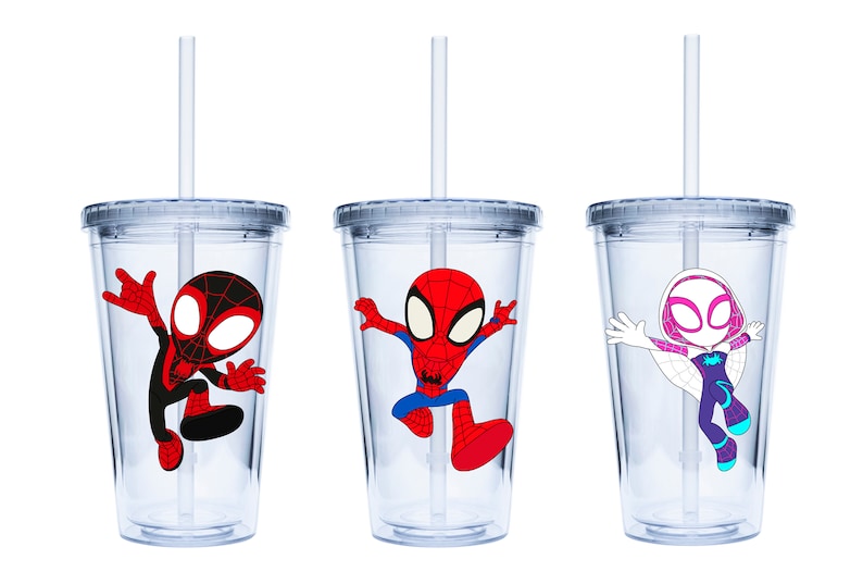 May include: Three clear plastic tumblers with lids and straws. Each tumbler features a different cartoon superhero character: Spider-Man, Miles Morales, and Spider-Gwen.