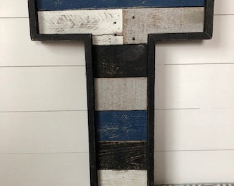 24" T | Reclaimed Wood Letter | Distressed Wooden Letter | Black and Blue Letter T | Rustic Painted T | Rustic Wood Letter | Mancave | T